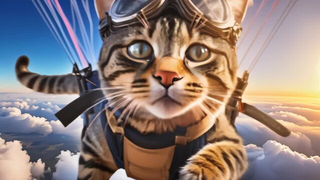 A tabby cat with wide eyes fearlessly takes on the challenge of skydiving.  Wearing goggles and a harness, the feline soars above the clouds, embracing the thrill of adventure. 