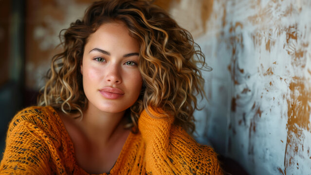 Outdoor environmental portrait of a beautiful plus size model with long curly brown hair and wearing an orange knit sweater. Copy space.