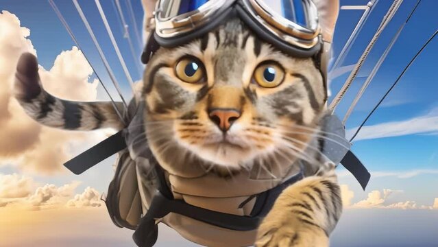 A tabby cat with wide eyes fearlessly takes on the challenge of skydiving.  Wearing goggles and a harness, the feline soars above the clouds, embracing the thrill of adventure. 