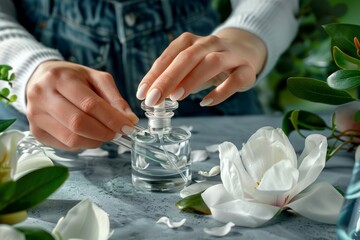 Perfume bottle filled with bergamot essence, aromatic flowers in a studio shot, the aldehydic spray crafting an elegant fragrance
