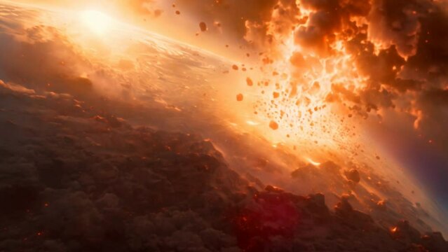 A rock crashing into the earth as seen from space. A rock crashing into planet earth. Disaster from space. Last day of earth.