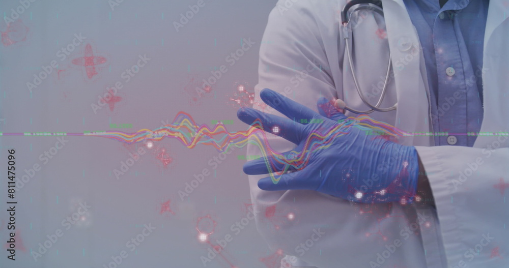 Poster image of data processing and molecular structures against mid section of doctor