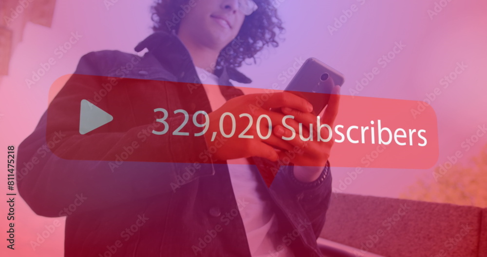 Poster image of increasing subscribers on a speech bubble over biracial man using a smartphone