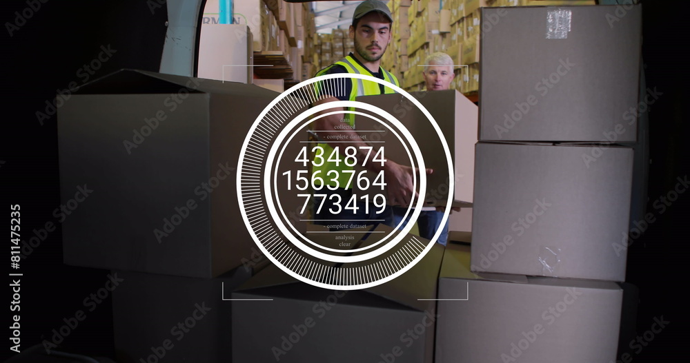 Poster image of changing numbers in circles over caucasian man placing cardboard boxes in vehicle