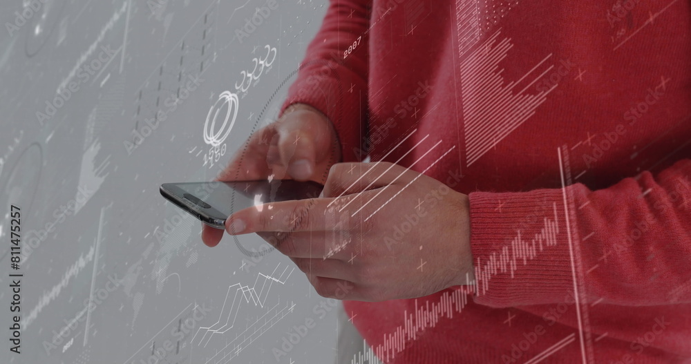 Poster image of graphs, loading circles, globe, changing numbers, midsection of man typing on cellphone