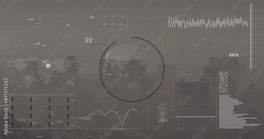 Poster image of interface with data processing over spinning globe against aerial view of cityscape