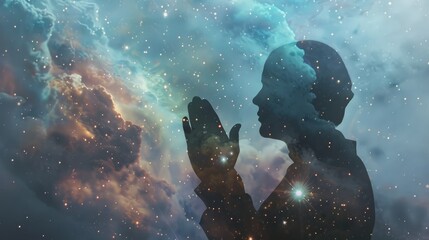 Silhouette of praying hands with a star-filled sky
