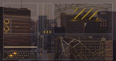 Image of interface with data processing against aerial view of cityscape