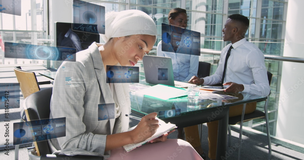 Poster image of graphs, radars and computer language, diverse coworkers working and using technology