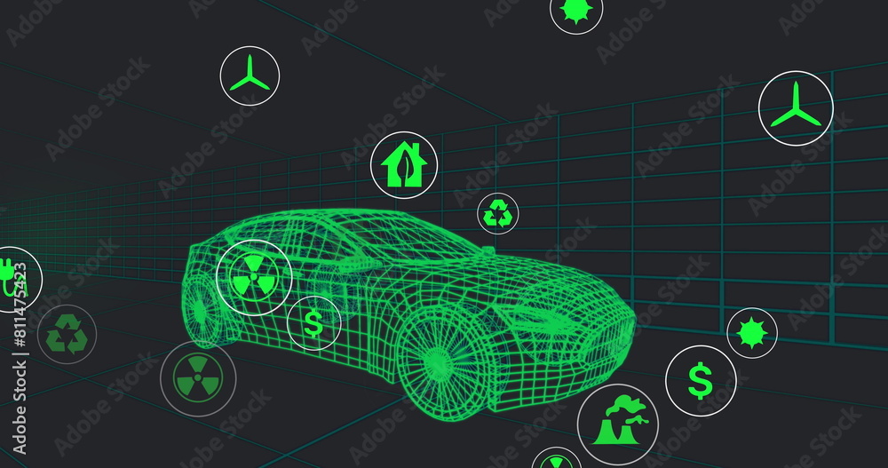 Poster image of multiple digital icons floating over 3d car model moving in seamless pattern in tunnel