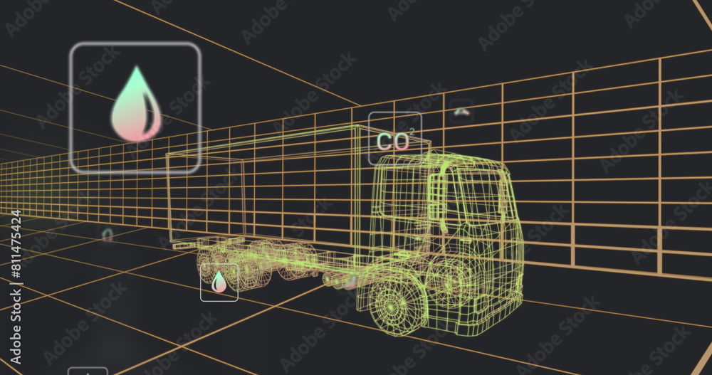 Poster image of multiple digital icons over 3d truck model moving in seamless pattern in tunnel