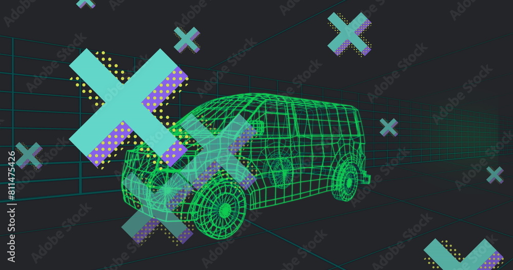 Poster image of abstract cross shapes over 3d van model moving in seamless pattern in tunnel