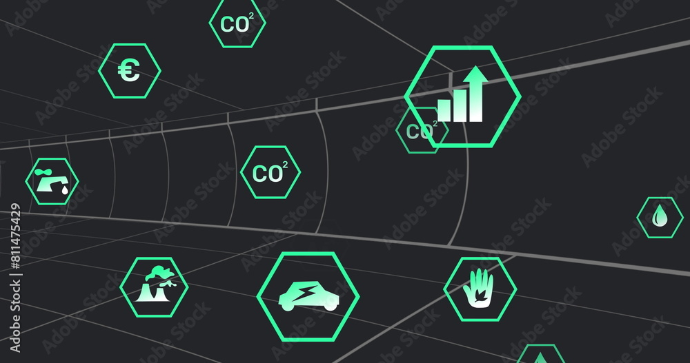 Poster image of multiple digital icons over tunnel in seamless pattern against black background