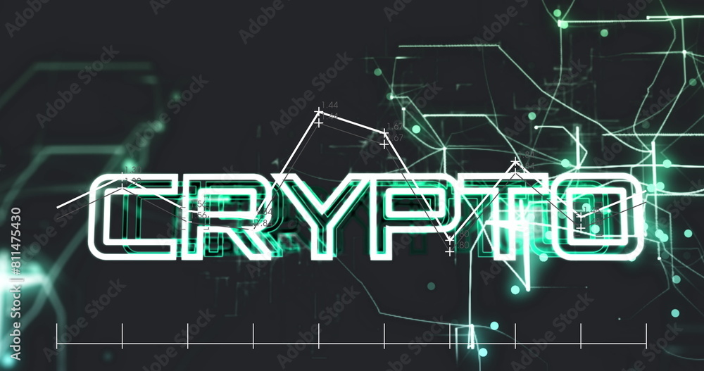 Poster image of data processing over crypto text banner and light trails against black background