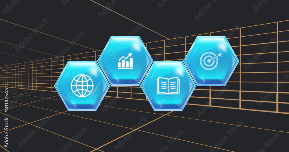 Poster image of multiple digital icons over tunnel in seamless pattern against black background