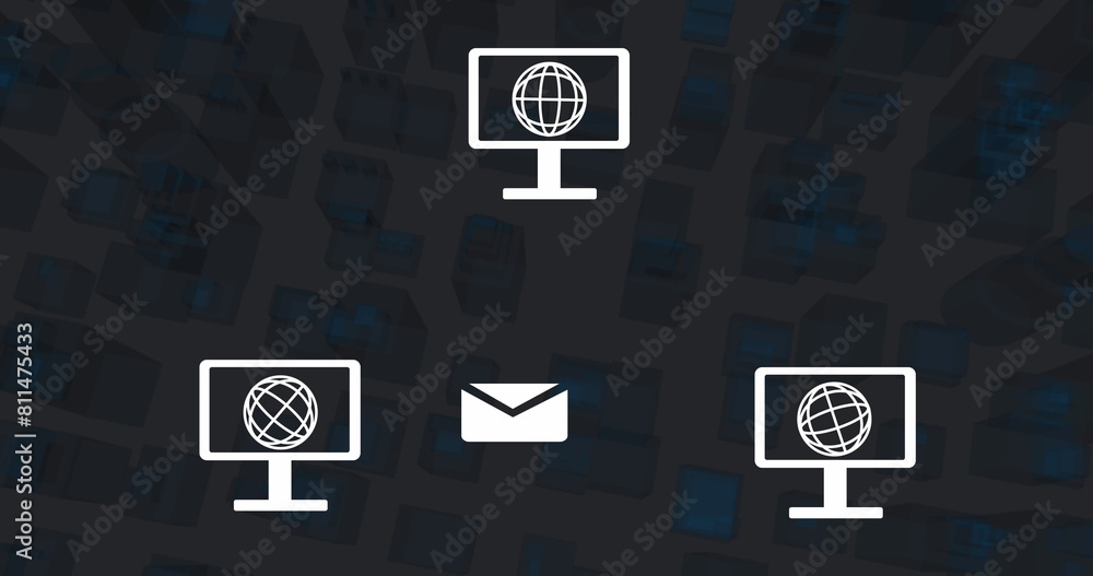 Poster image of computer networking icons over 3d shapes in seamless pattern against grey background