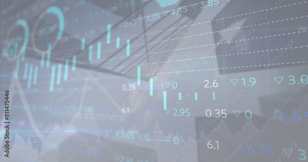 Poster image of statistical and stock market data processing against low angle view of tall buildings