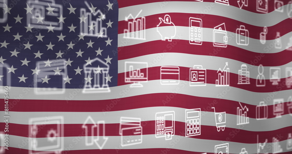 Poster image of interface with multiple digital icons against waving usa flag background