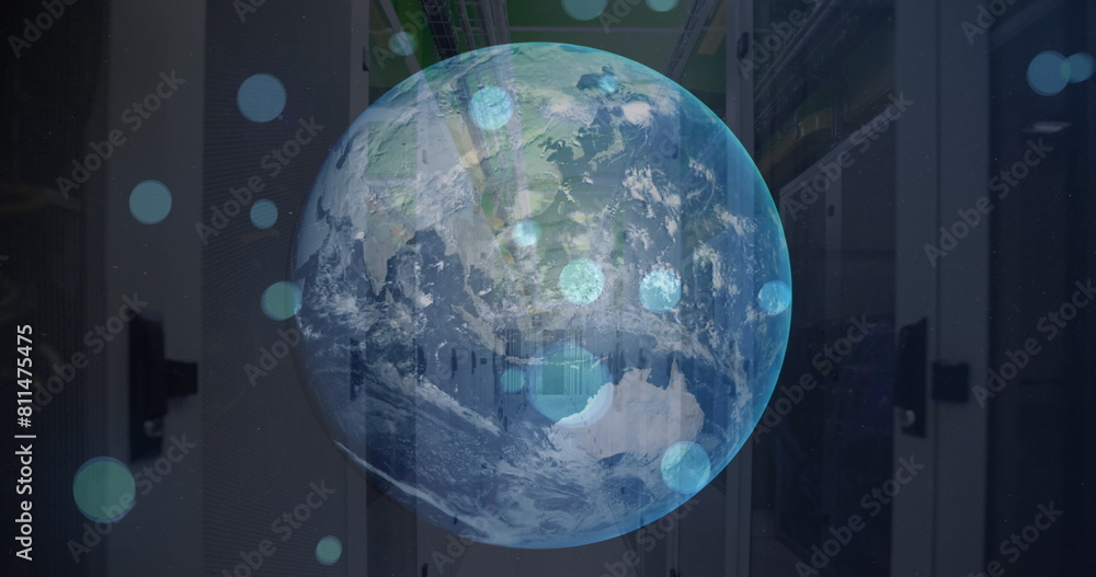 Poster image of globe and circles falling over data server racks