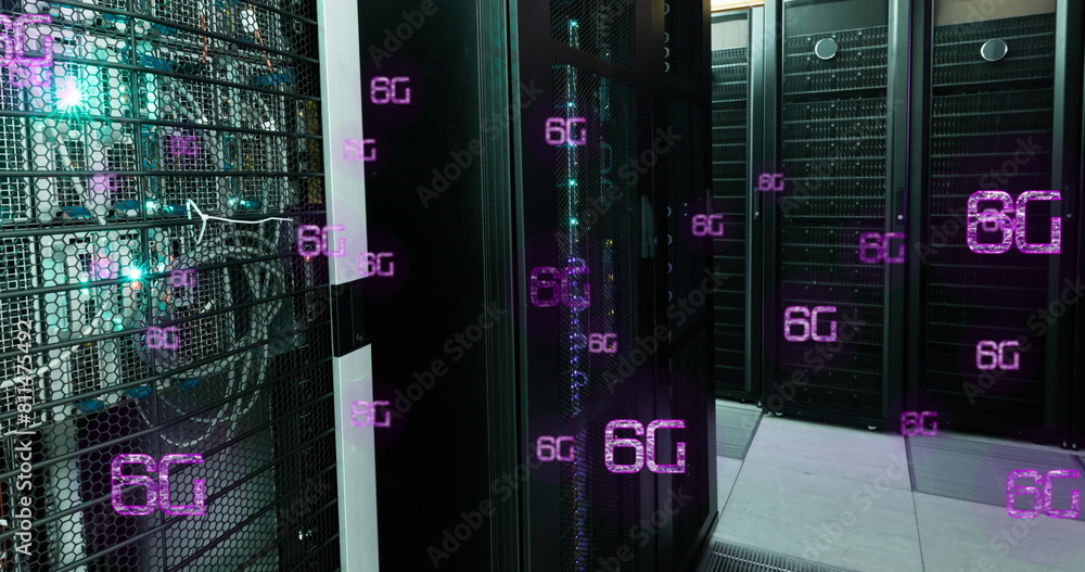 Poster image of illuminated 6g text over data server systems