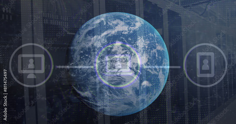 Poster image of phone, laptop, computer icons in flowchart and globe over data server racks