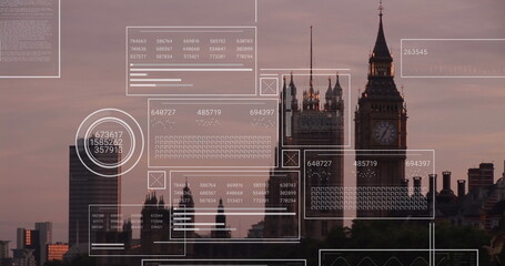 Image of financial data processing over london cityscape