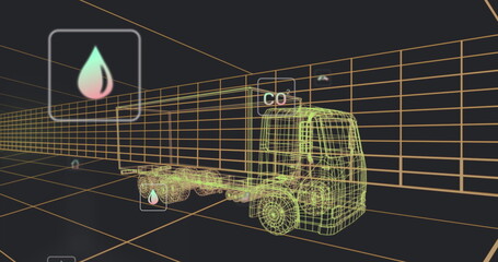 Image of multiple digital icons over 3d truck model moving in seamless pattern in tunnel