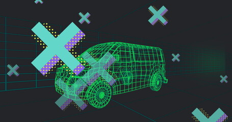 Fototapeta premium Image of abstract cross shapes over 3d van model moving in seamless pattern in tunnel