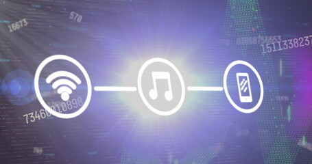 Obraz premium Image of changing numbers, network of digital icons, light spot and financial data processing