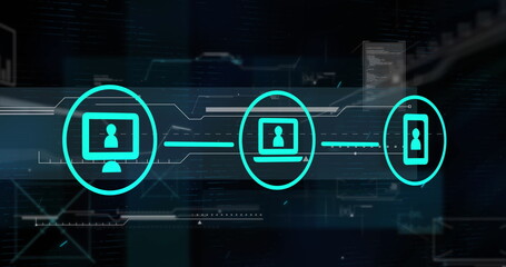 Image of network of digital icons over interface with data processing against black background