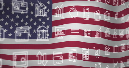 Fototapeta premium Image of interface with multiple digital icons against waving usa flag background