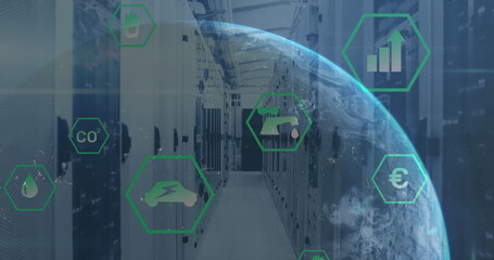 Image of sustainable icons in hexagons and globe over server room