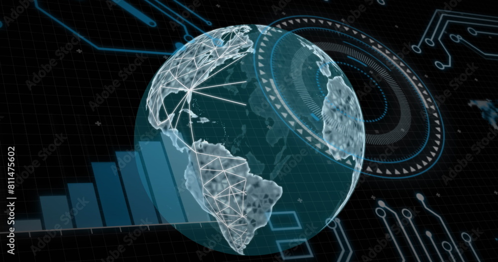 Poster image of loading circles, graphs, globe and circuit board pattern over black background