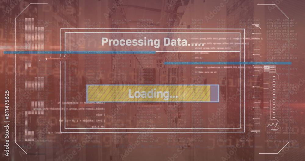 Poster image of text, loading bars and computer language over data server room