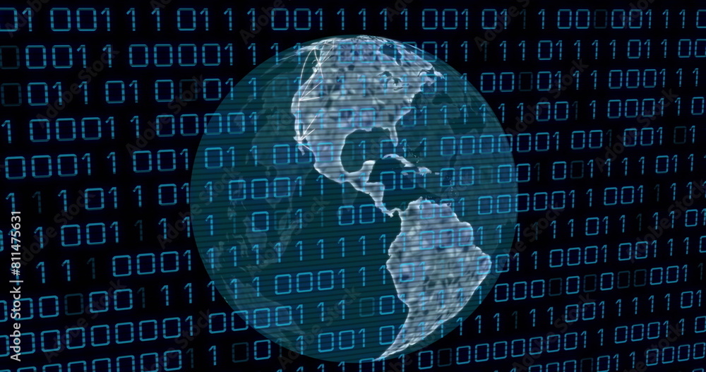 Poster image of binary codes and lines around rotating globe over black background