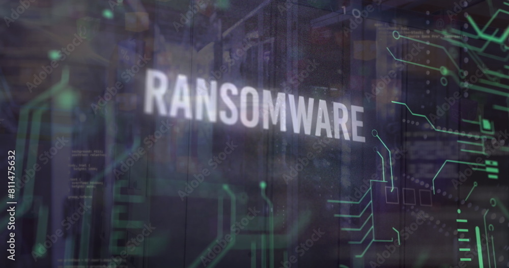 Poster image of ransomware, computer language, circuit board pattern over data server room