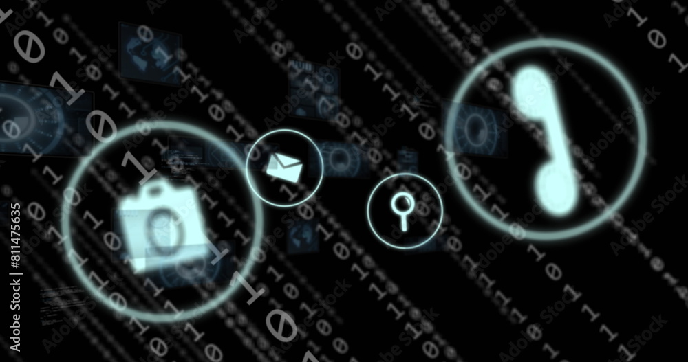 Poster image of icons, binary codes, radars, globes and computer language over black background