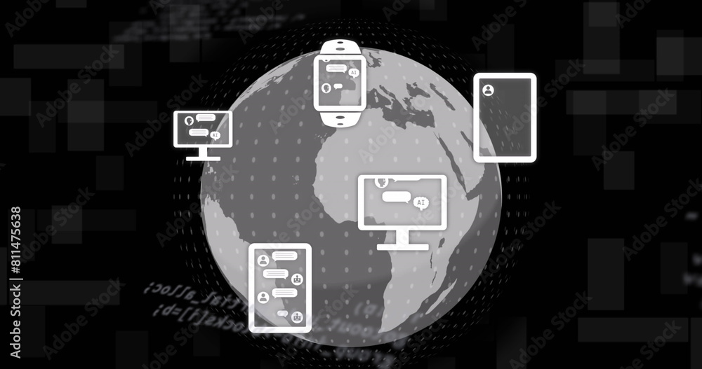 Poster image of icons, rotating globe and computer language over black background