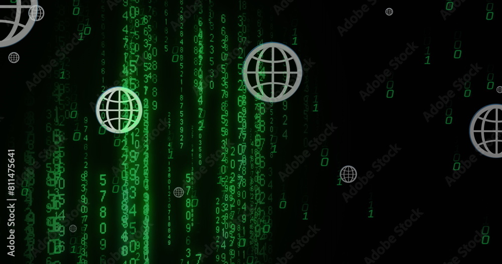Poster image of globe icons over falling changing numbers and binary codes over black background