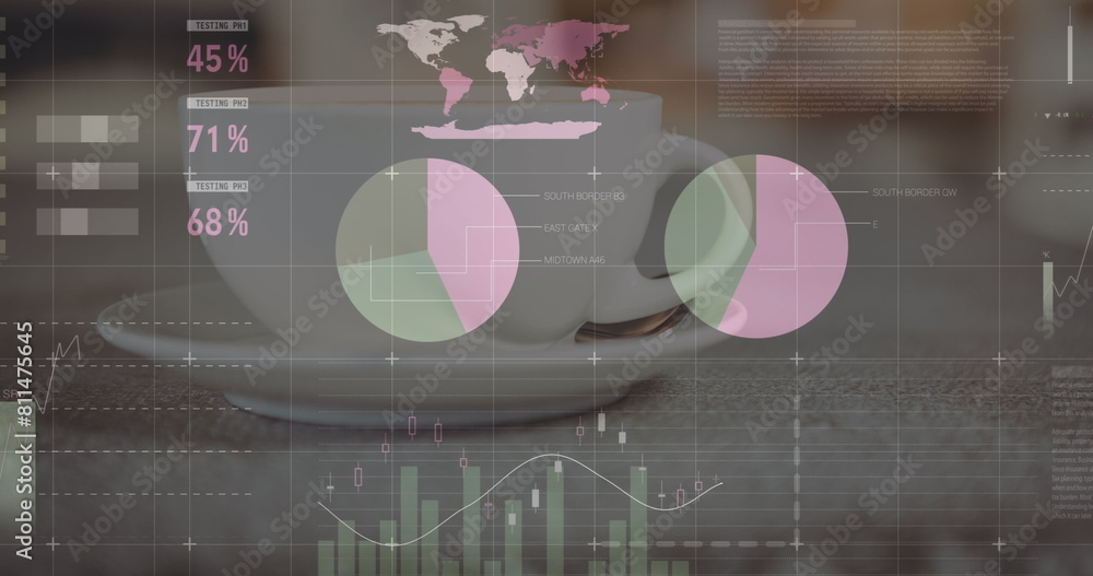 Poster image of statistical data processing against close up of a coffee cup on a tablet