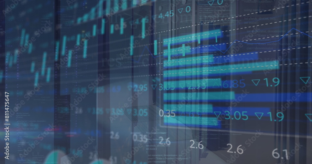 Poster image of multiple graphs and trading board over data server room