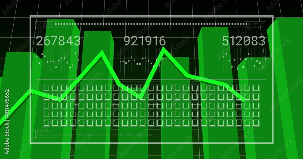 Poster image of graphs, changing numbers, loading bar, squares over grid pattern and graphs