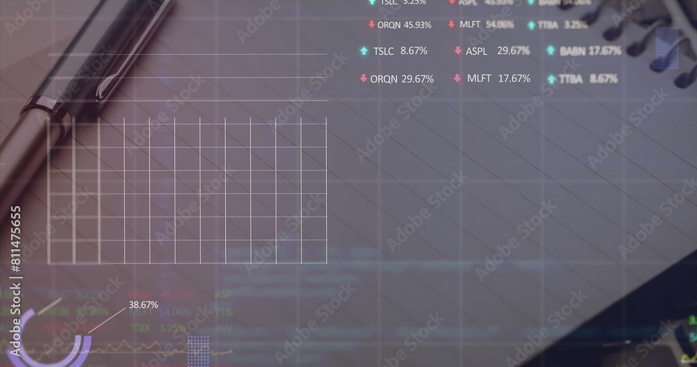 Poster image of multiple graphs with changing numbers and trading board over pen on notepad