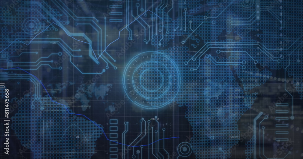 Poster image of graphs, map, computer language and circuit board pattern over server room