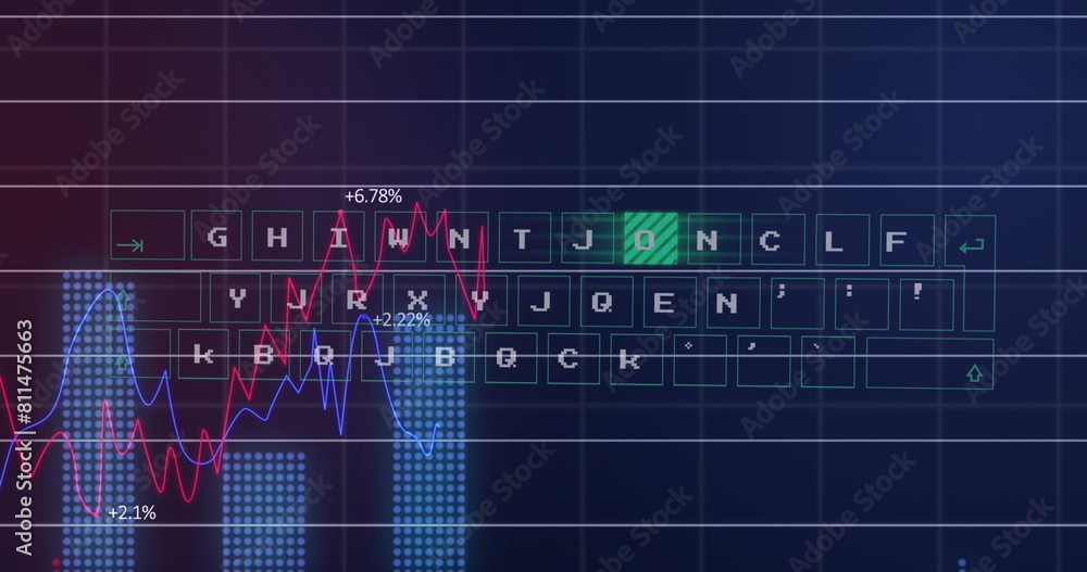 Poster Image of illuminated pattern moving on keyboard with multiple graphs and changing numbers