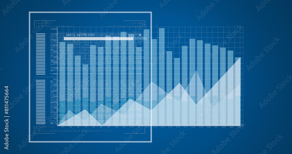 Poster image of loading bar with changing numbers, graphs, data over blue background