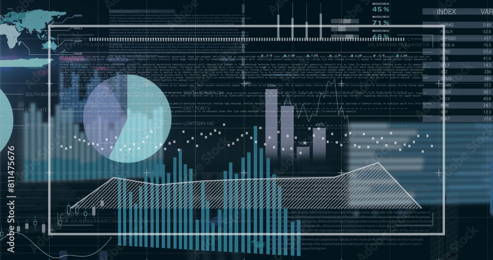 Poster image of graphs and data over infographic interface against black background