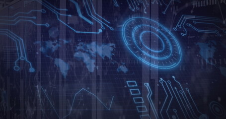 Image of loading circles, map and circuit board pattern over data server racks in server room