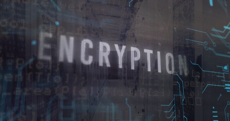 Image of encryption text and computer language over server room