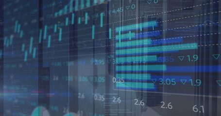Image of multiple graphs and trading board over data server room